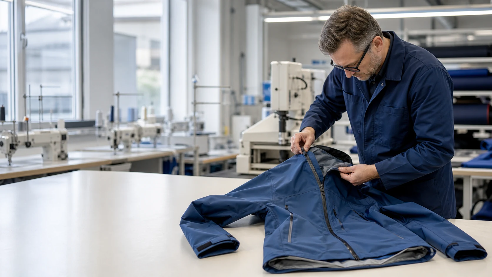 Final quality check for a waterproof outdoor jacket