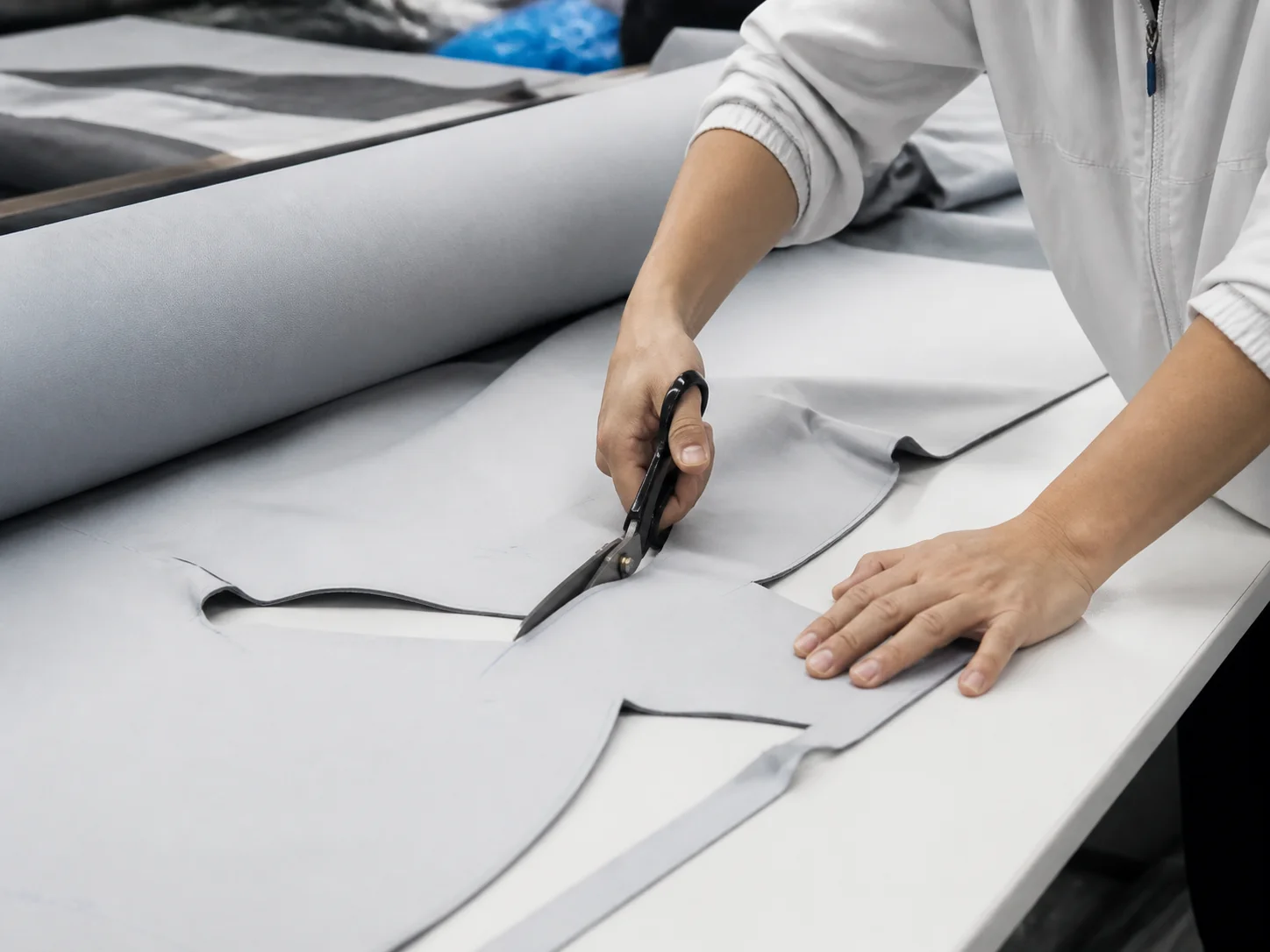 Technician cutting waterproof jacket fabric on a factory table