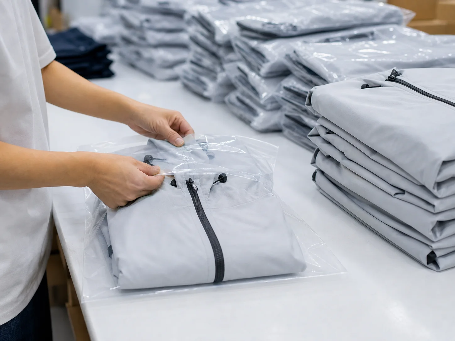 Finished waterproof jackets being packed for shipment
