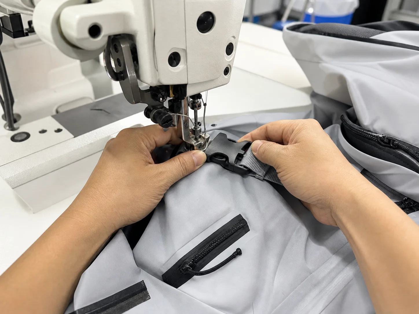 Technician attaching a buckle to a waterproof jacket