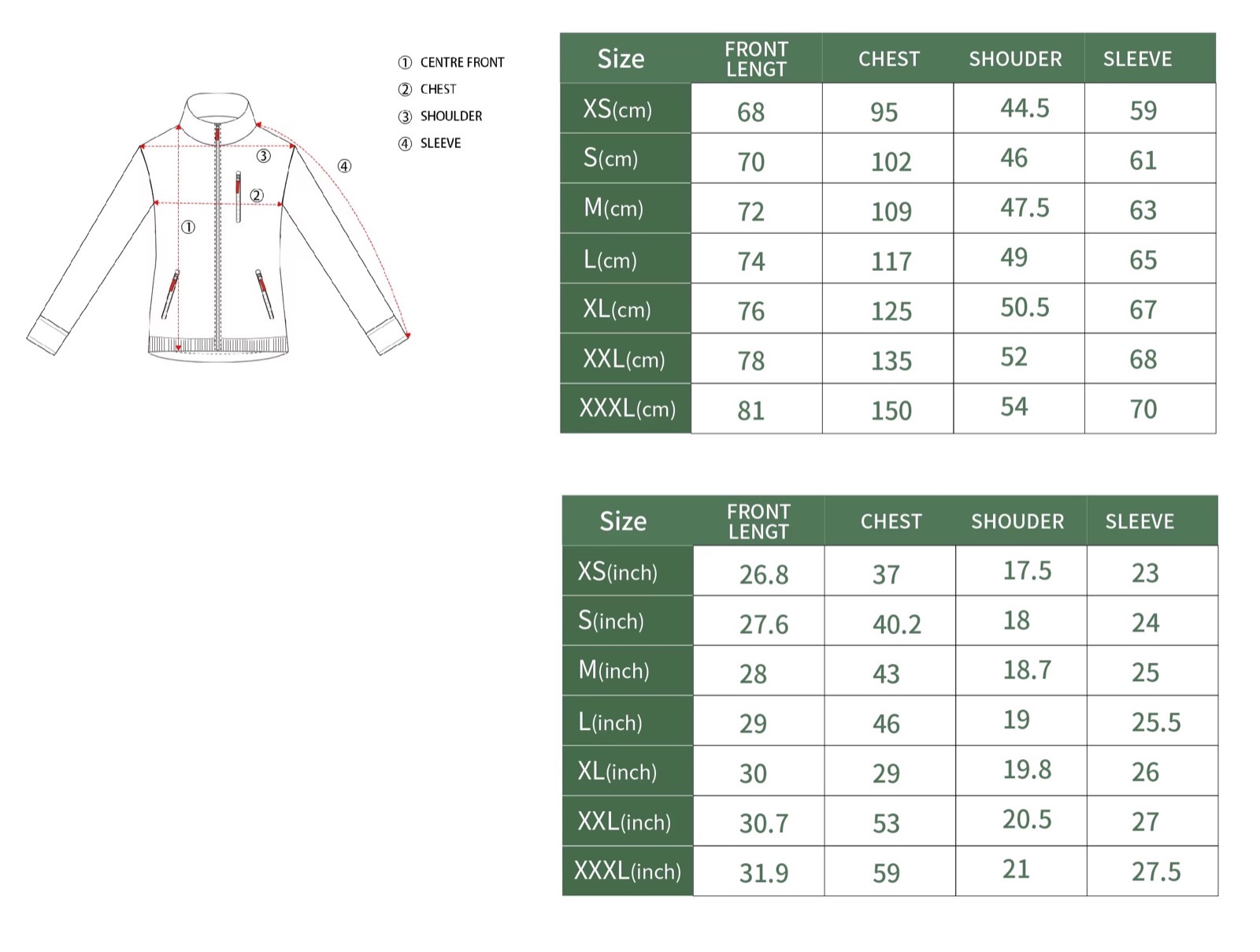 Windproof Waterproof Outdoor Jacket size chart