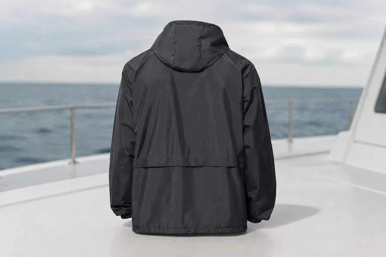 Women's waterproof sailing jacket in a marina scene for a procurement guide