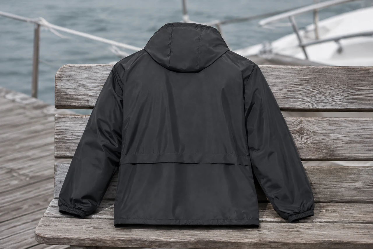 Waterproof sailing jacket at a marina illustrating specification review before purchase