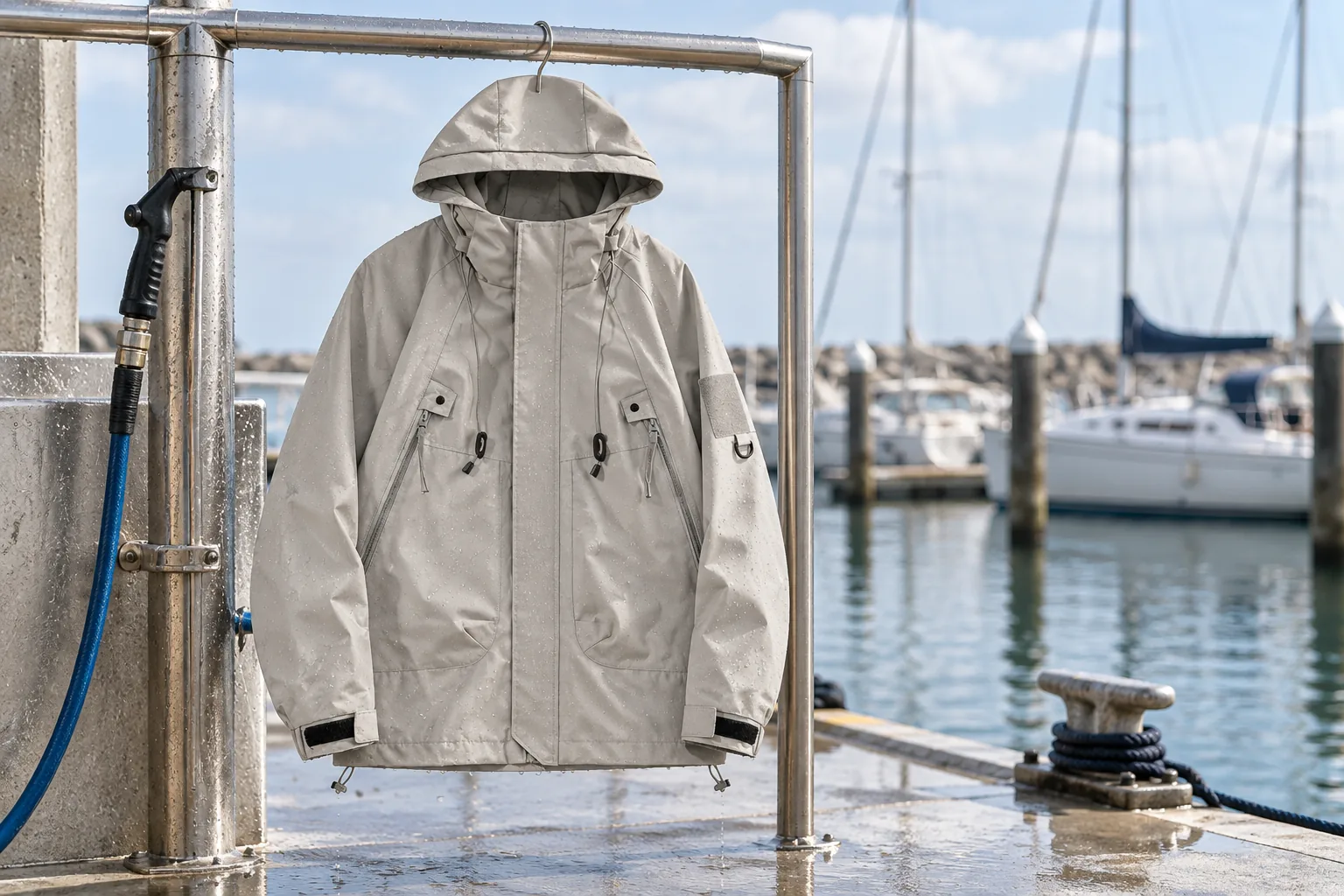Waterproof sailing jacket drying at a marina after post-trip rinsing