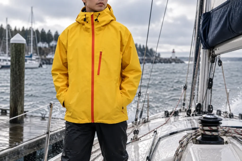 Men's waterproof sailing jacket on a wet sailboat deck for cold-weather sailing