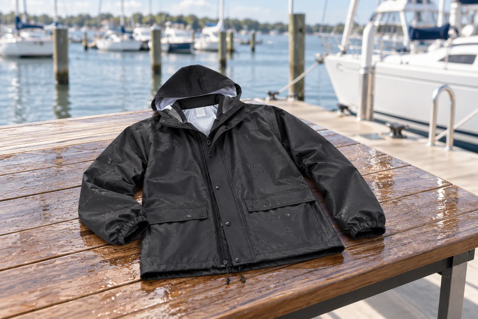 Dark waterproof sailing jacket on a marina table for 3-layer fabric care planning