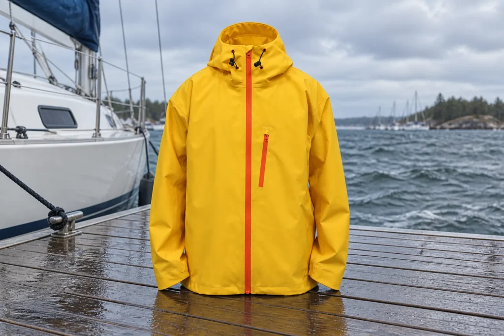 Offshore and coastal waterproof sailing jackets compared at a marina for B2B sourcing decisions