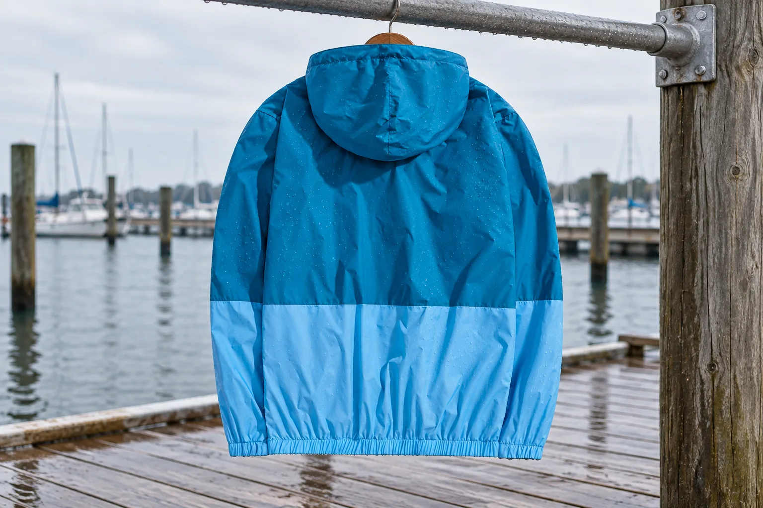 Blue sailing rain jacket drying after salt spray and DWR care