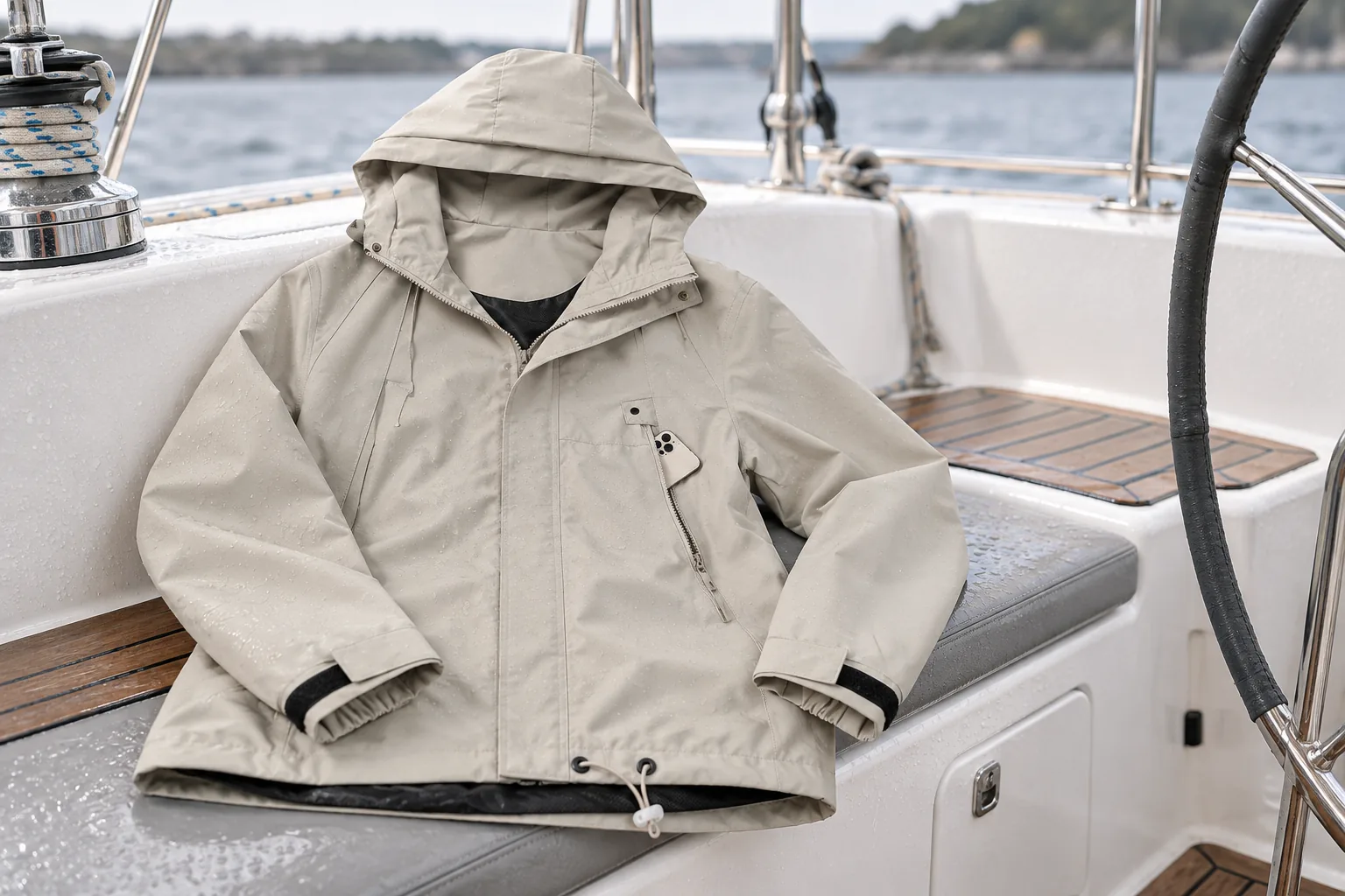 Sailing rain jacket on a cockpit bench for seam hood and cuff inspection