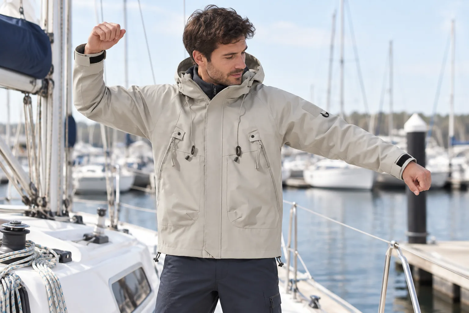 Weekend sailor checking arm movement and fit in a waterproof sailing jacket