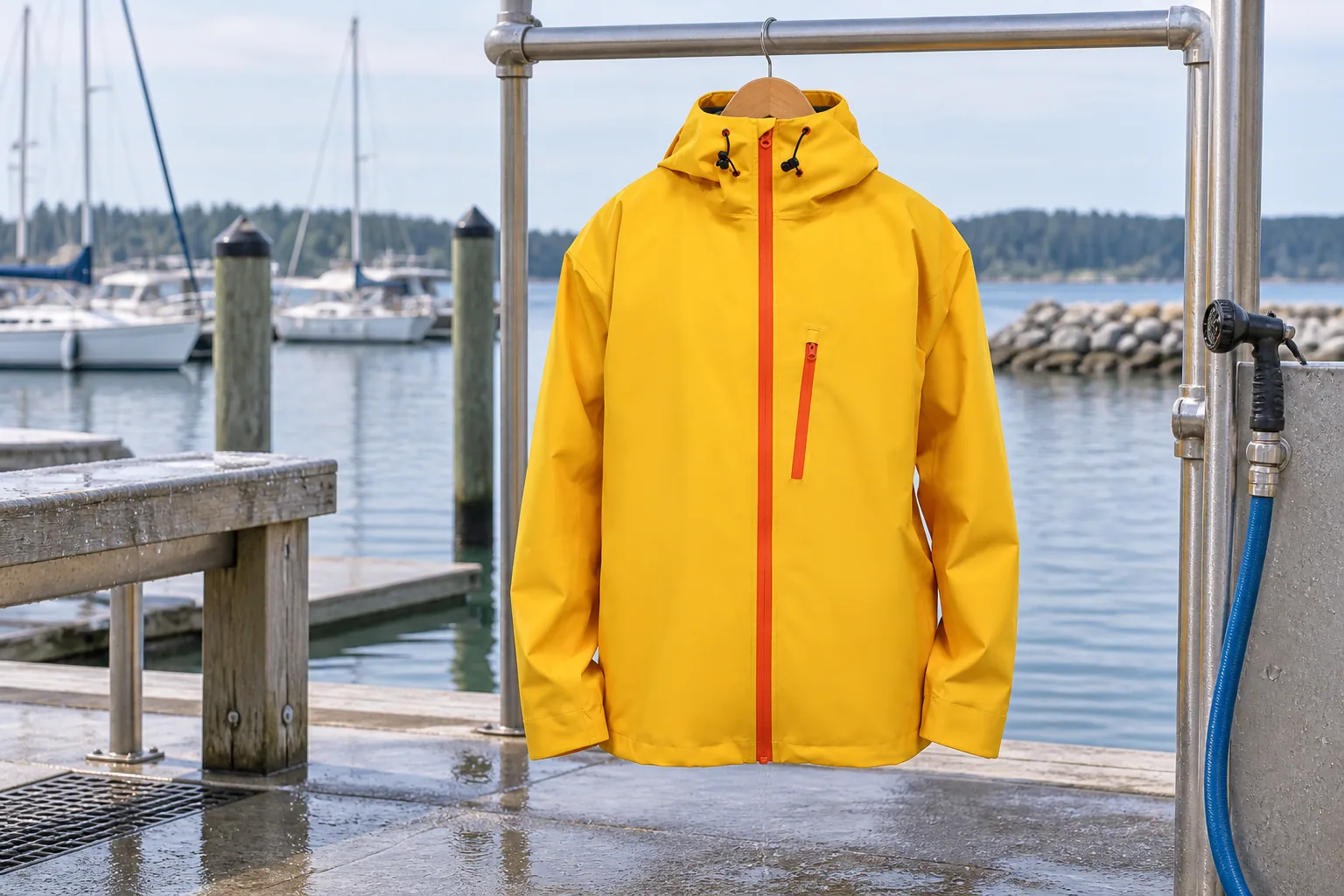 Yellow sailing jacket hanging at a dockside rinse area for waterproof maintenance
