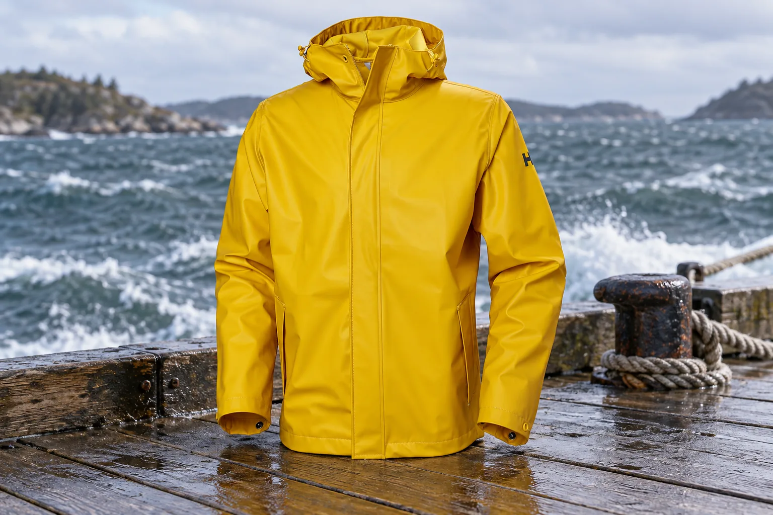 Waterproof sailing jacket on a windy marina dock for longer spray exposure