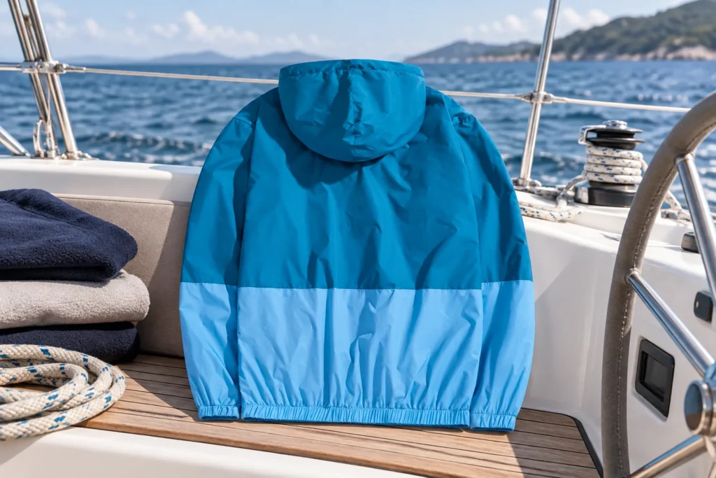 Packable unbranded outdoor shell arranged with foul-weather layers for a lightweight procurement review