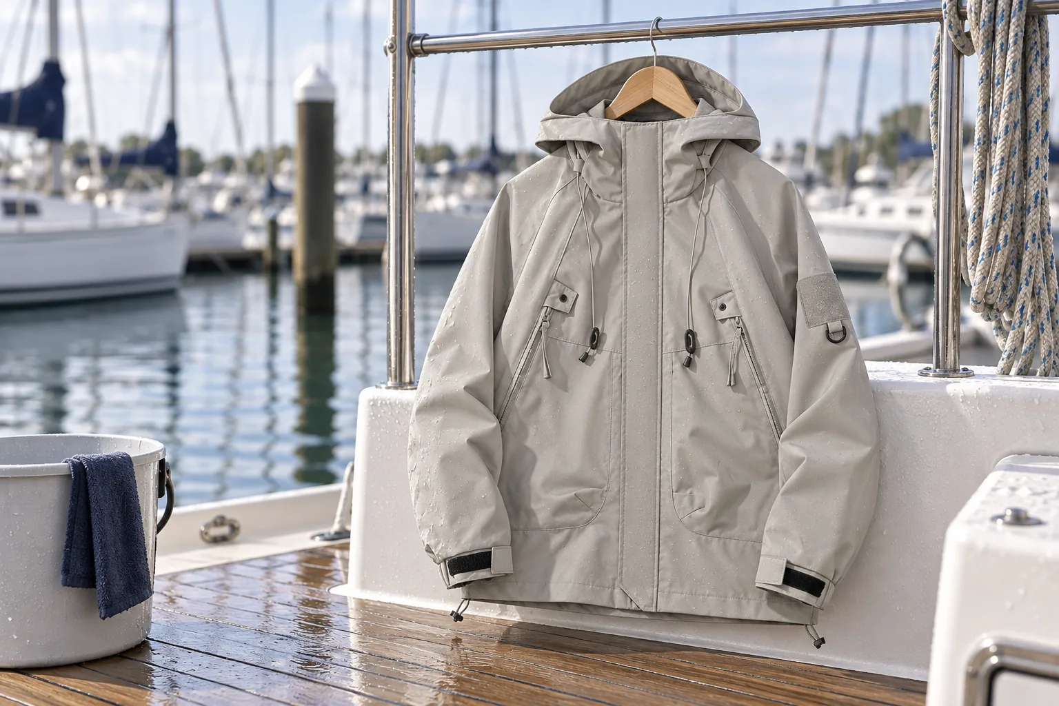 Sailing jacket drying at a marina after waterproof membrane care