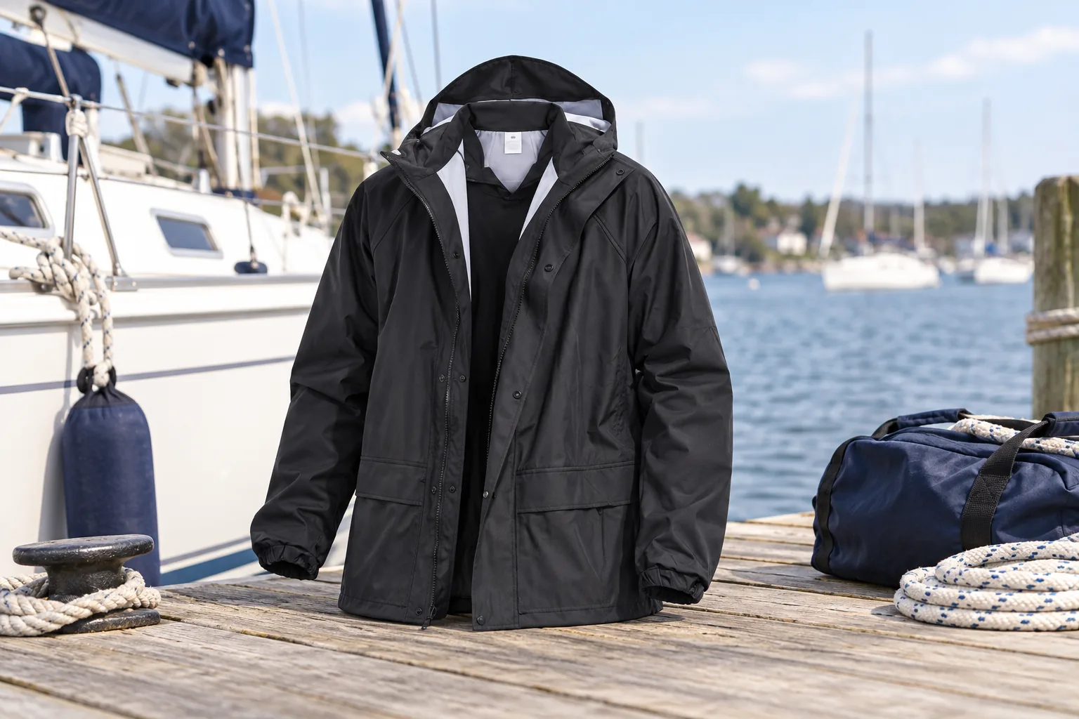 Black sailing jacket on a marina dock for inshore coastal and offshore specification
