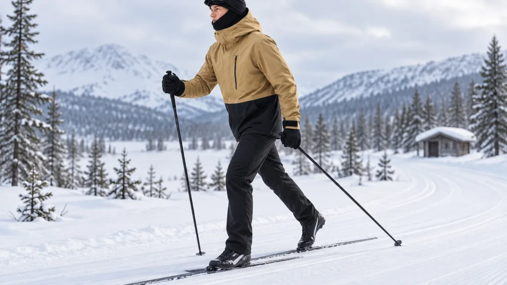 Nordic skier climbing a groomed trail in a breathable layered jacket system