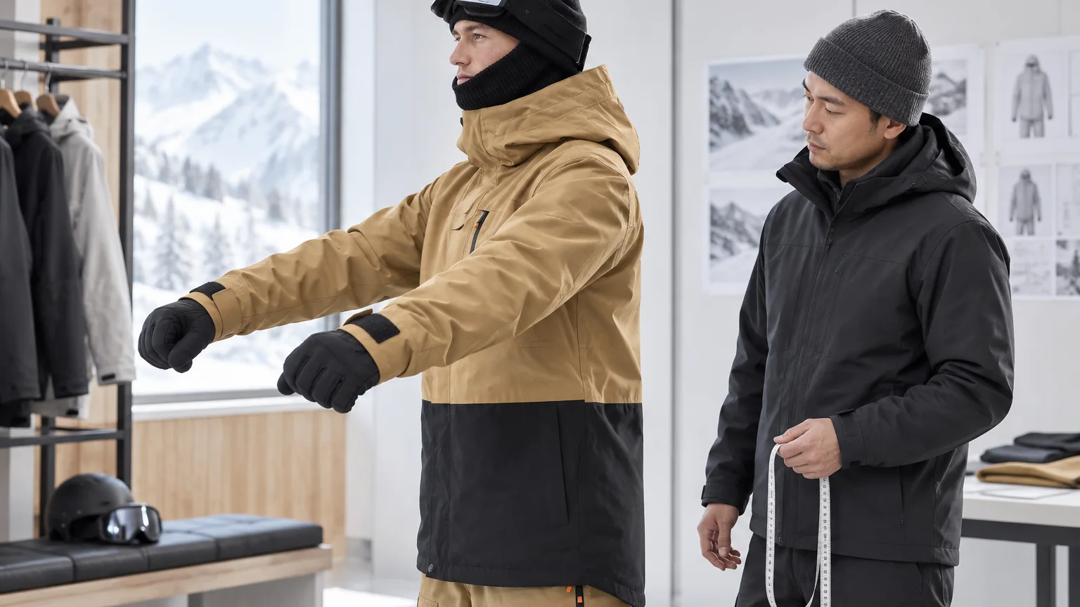 Engineer checking arm reach and jacket fit on a cross-country ski clothing sample