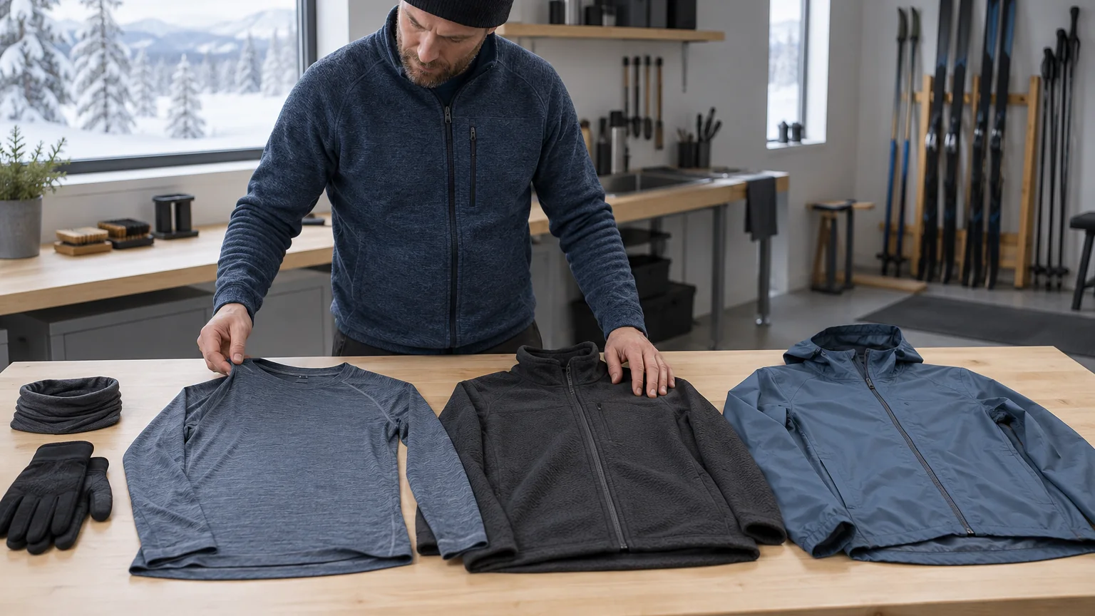 Technical buyer reviewing separate base, mid and outer layers for cross-country skiing