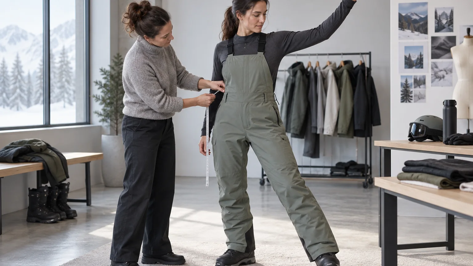 Apparel engineer evaluating movement and fit on a women's ski shell and bib sample