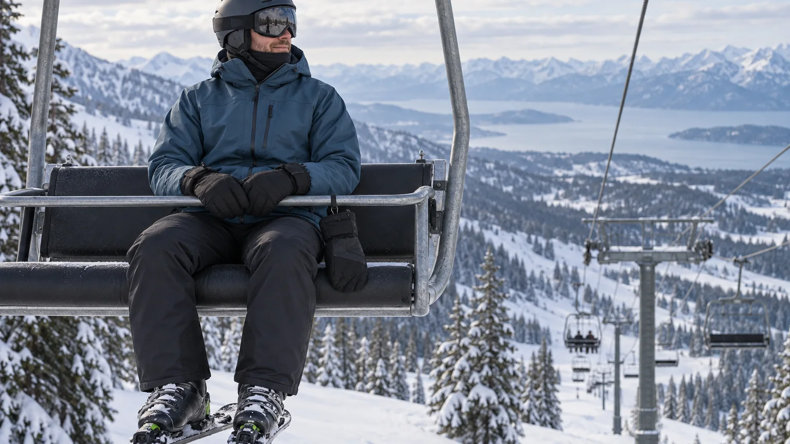 Man wearing layered ski clothes while seated on a cold mountain chairlift