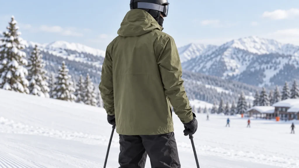 Man checking the fit and layer interfaces of his ski jacket and pants before a first ski trip