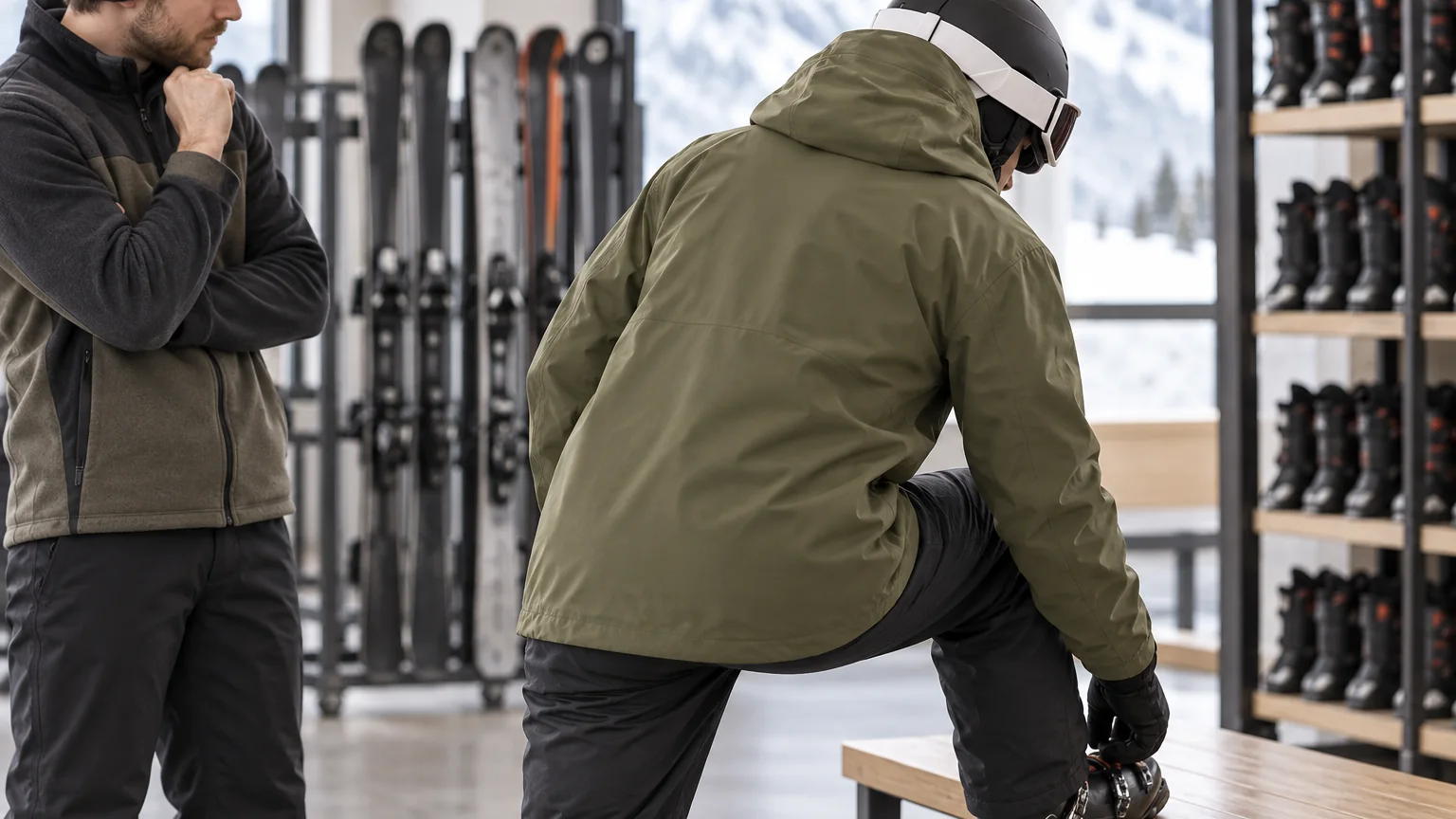 Technician checking lower-body movement while a man tests a complete ski outfit