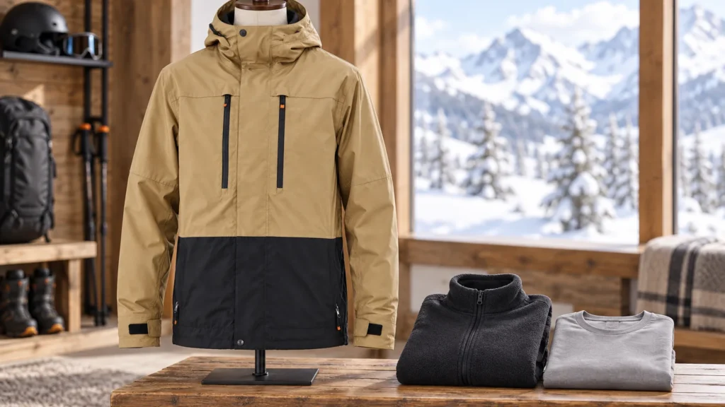 Three-layer ski clothing system showing base layer, insulating midlayer, and weatherproof shell