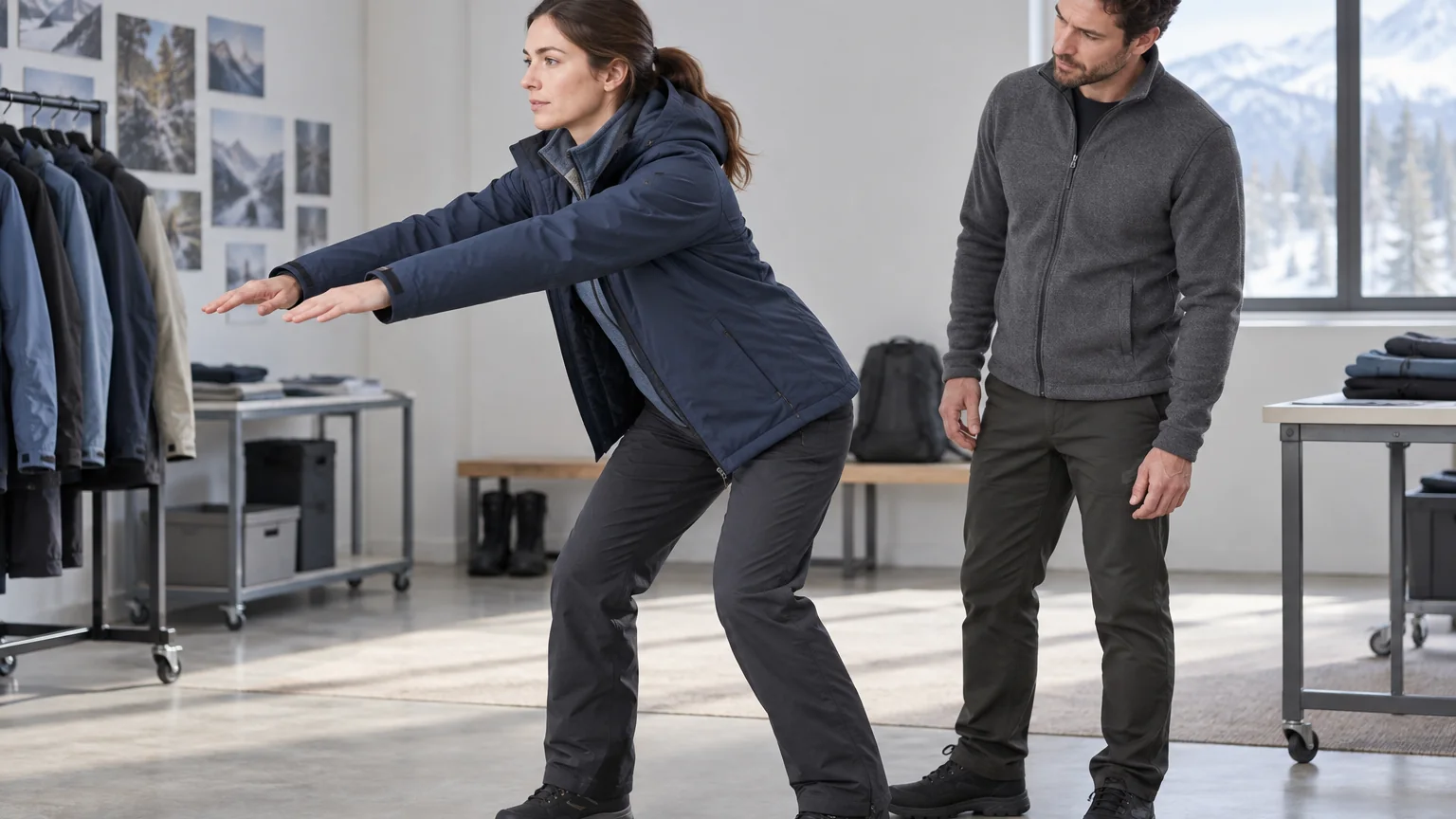 Fit model performing a forward reach while an engineer checks a layered ski outfit