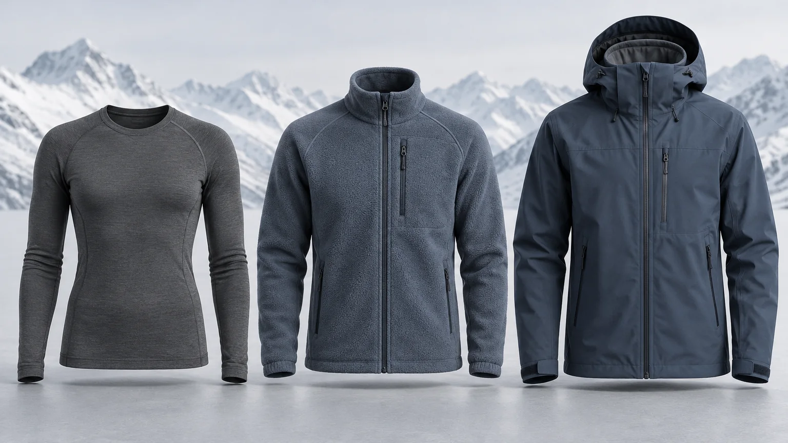 Base layer, midlayer and ski shell arranged as a three-layer clothing system