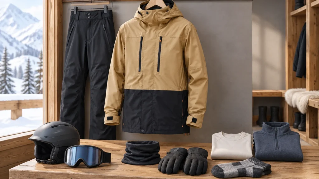 Beginner skier wearing layered ski clothing with jacket pants gloves neck gaiter helmet and goggles