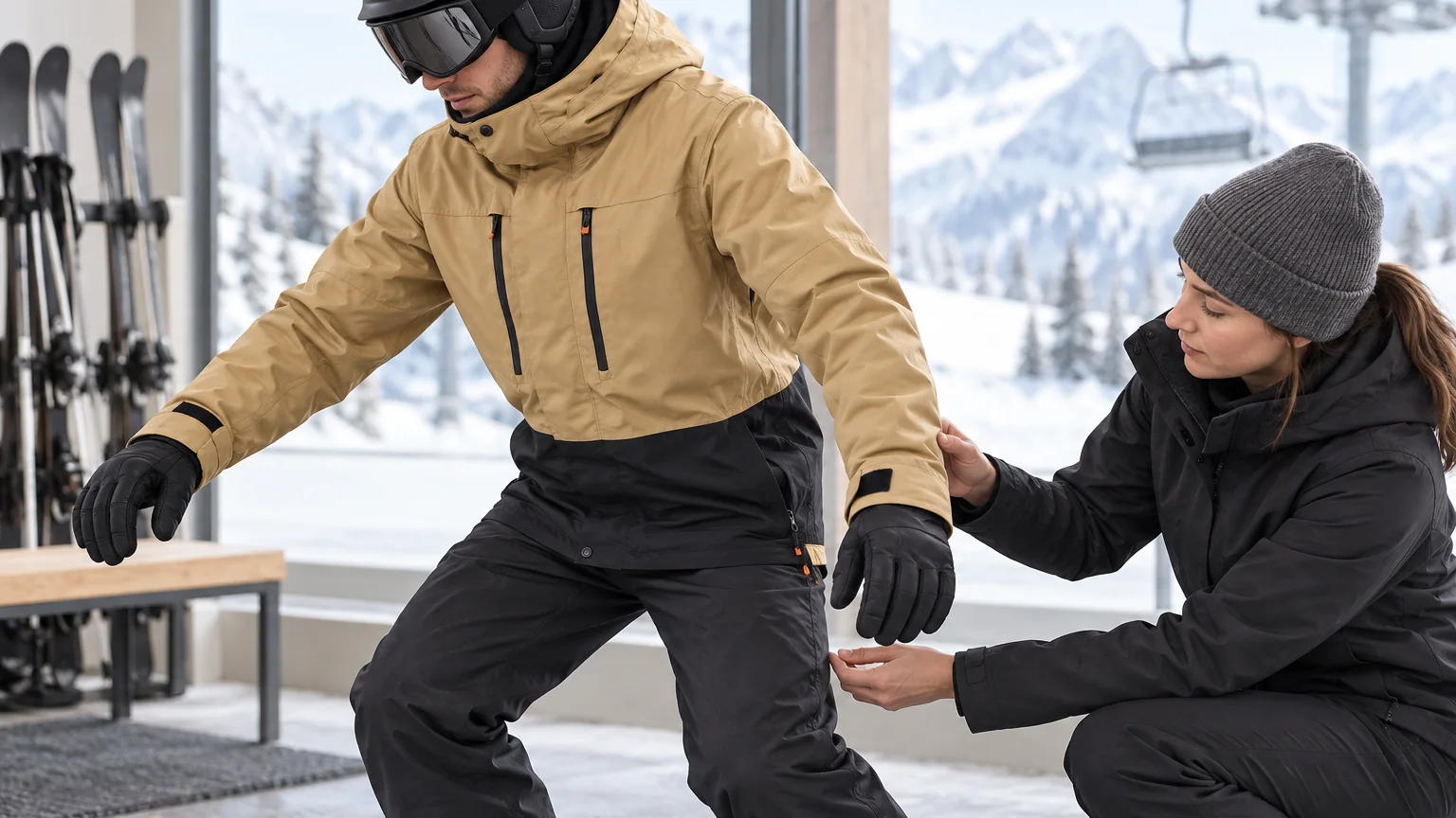 Technician observing mobility and jacket overlap during a beginner ski outfit fit check