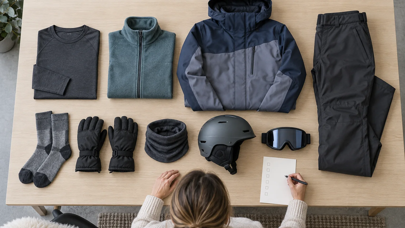 Complete beginner ski clothing kit arranged for a pre-trip packing review