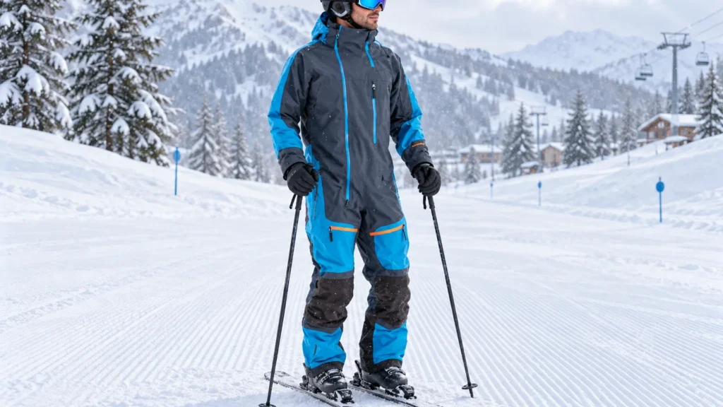 Beginner skier wearing a coordinated layered ski outfit in cold and windy lift-served conditions.
