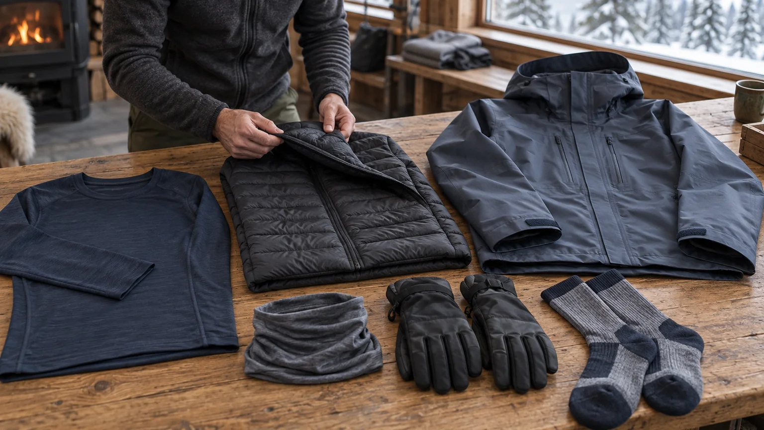 Base layer, midlayer, outerwear and cold-weather accessories arranged for skiing