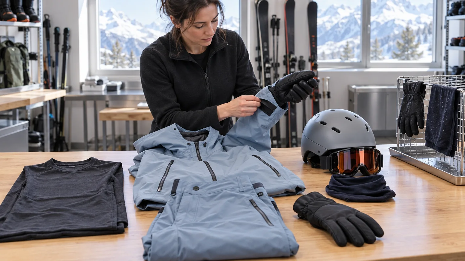 Technical buyer checking gloves, goggles, helmet and light spring ski clothing