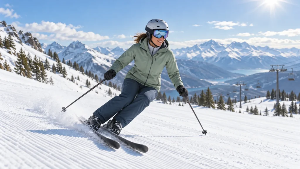 Skier adjusting a vented shell on a sunny spring alpine slope while carrying removable layers