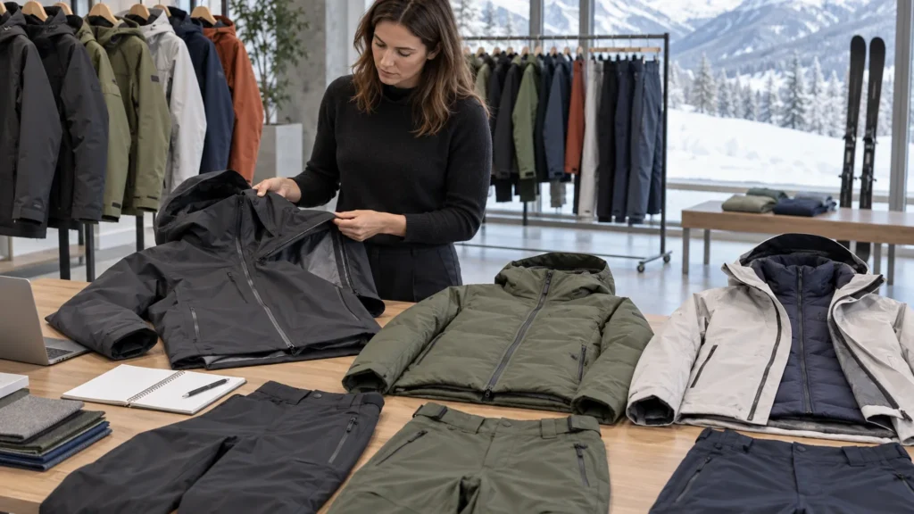 Procurement team comparing ski jackets and trousers for a resort apparel range