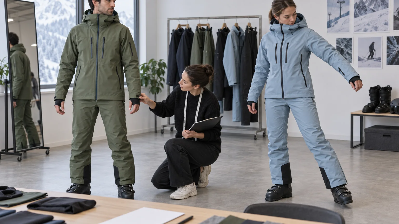 Technical buyer comparing movement and fit across two unbranded ski clothing sets
