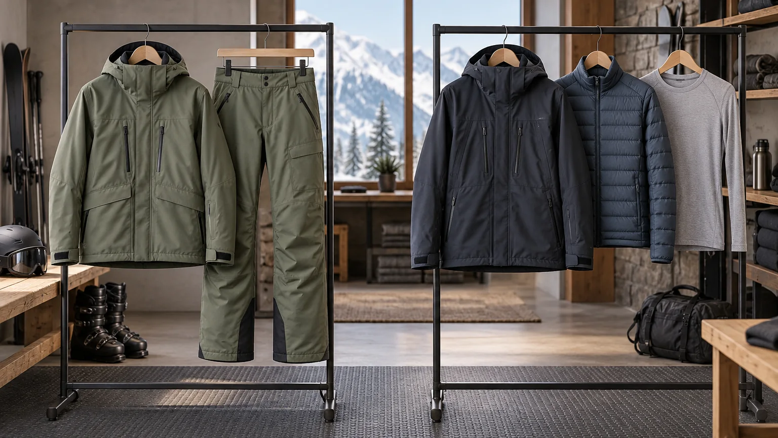 Side-by-side comparison of a coordinated ski set and a modular shell layering system