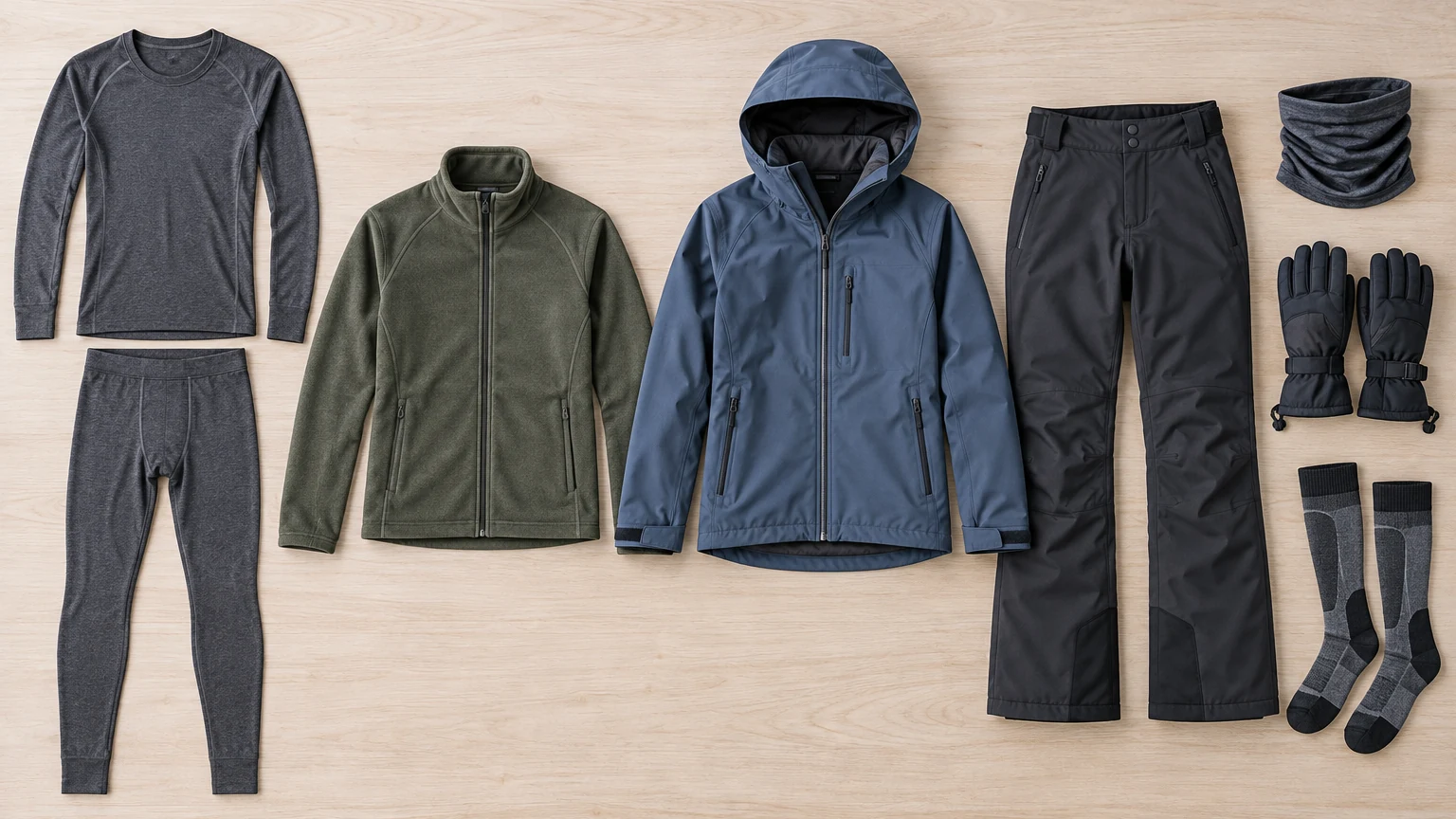 Text-free flat lay of base layer, midlayer, shell, socks, gloves, and neckwear