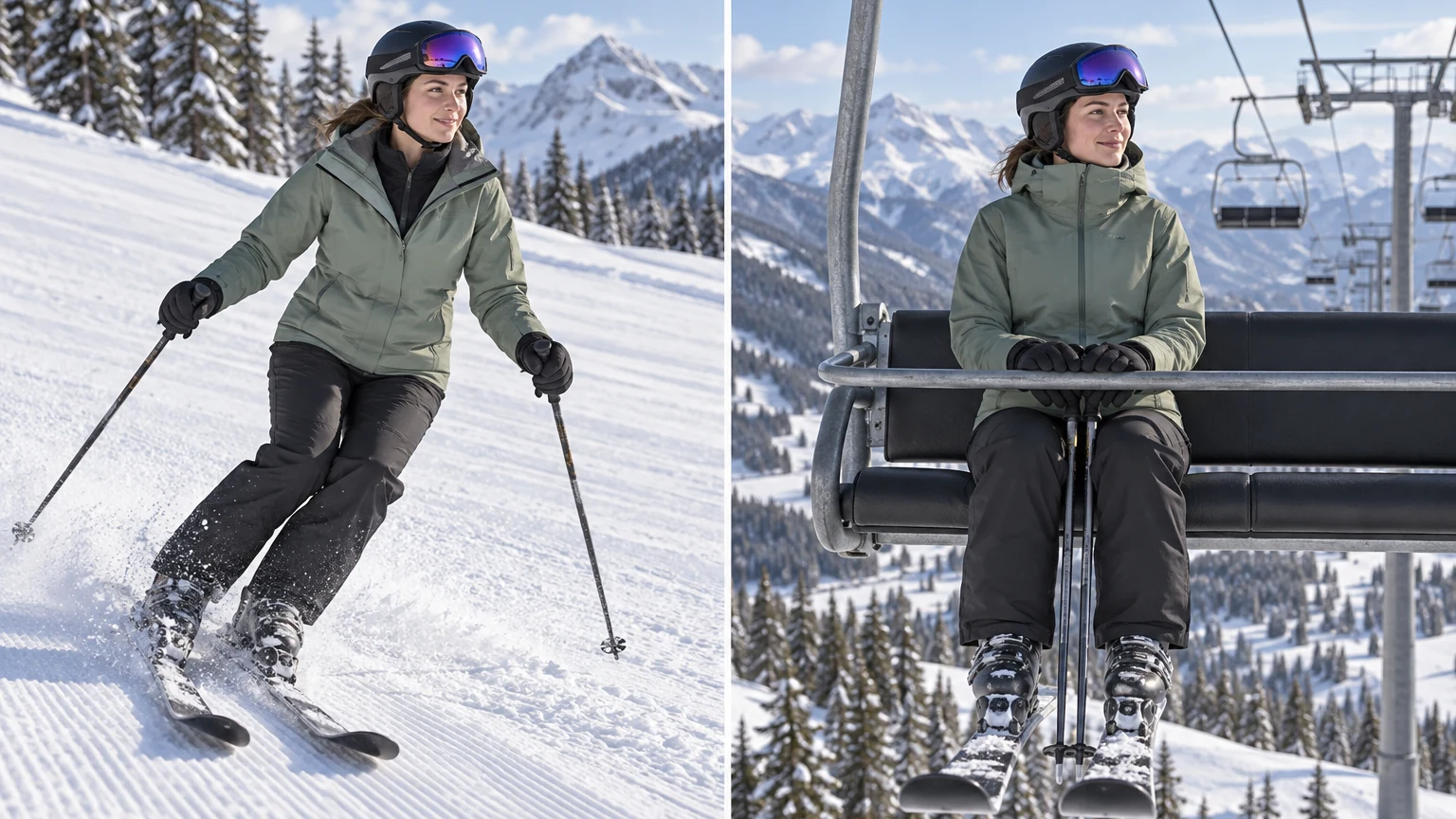 Text-free inspection scene comparing a beginner protected on a chairlift with ventilation adjustment before an active ski run