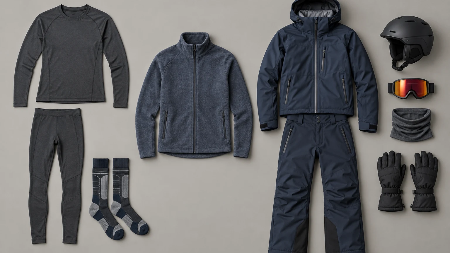 Text-free exploded flat lay of ski base layers, midlayer, shell, socks, gloves, neck gaiter, goggles, and helmet