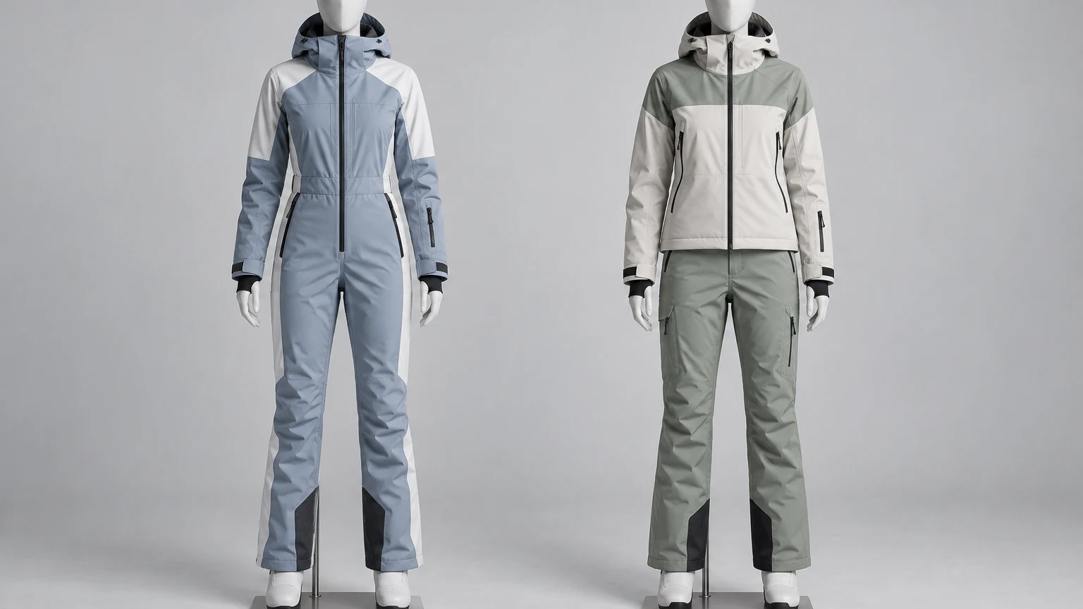 Side-by-side comparison of an unbranded women's one-piece ski suit and an unbranded jacket-and-pants ski set under matching lighting