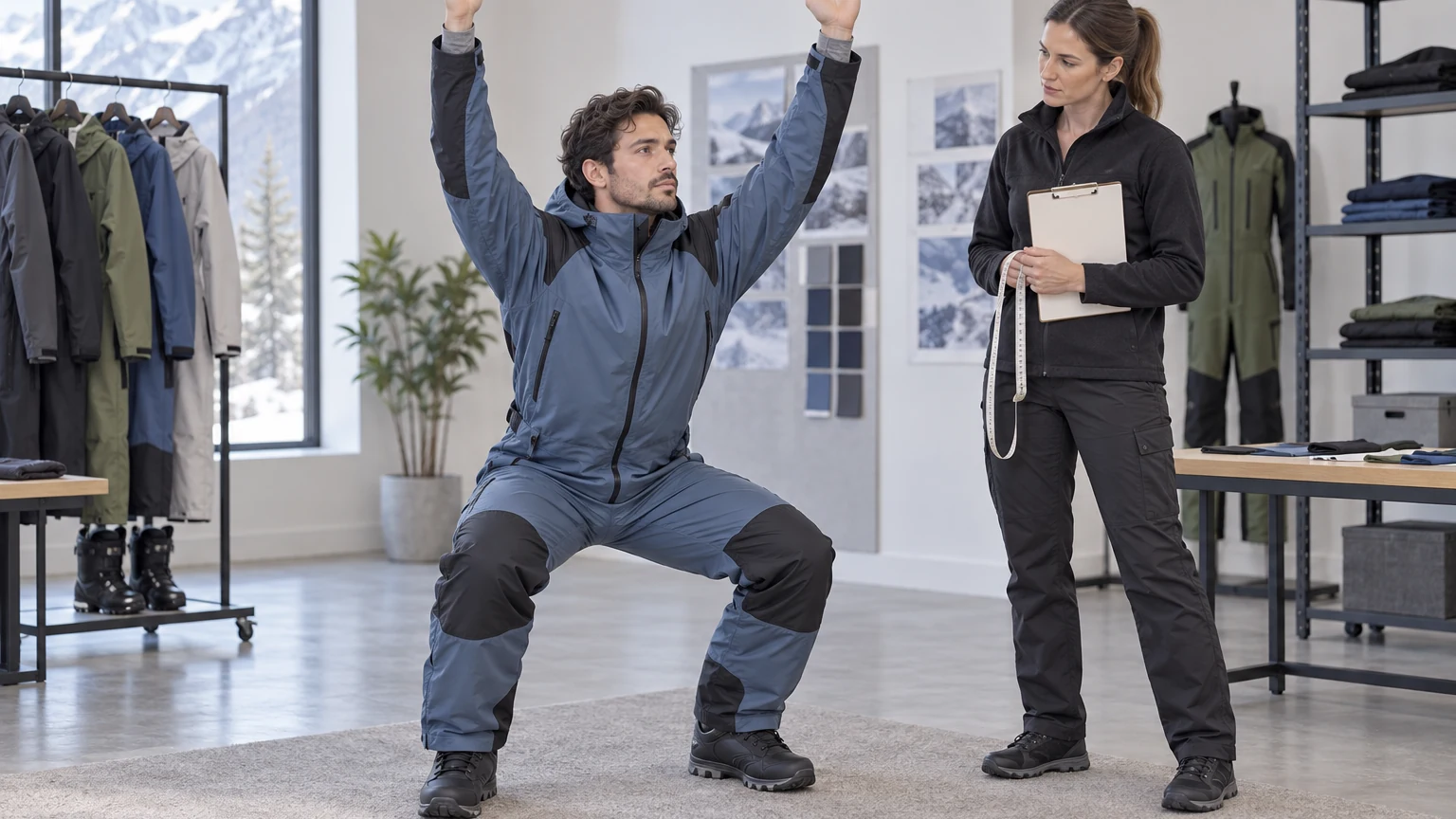 Text-free full-kit fit inspection of a man checking torso reach and squat mobility in a one-piece ski suit