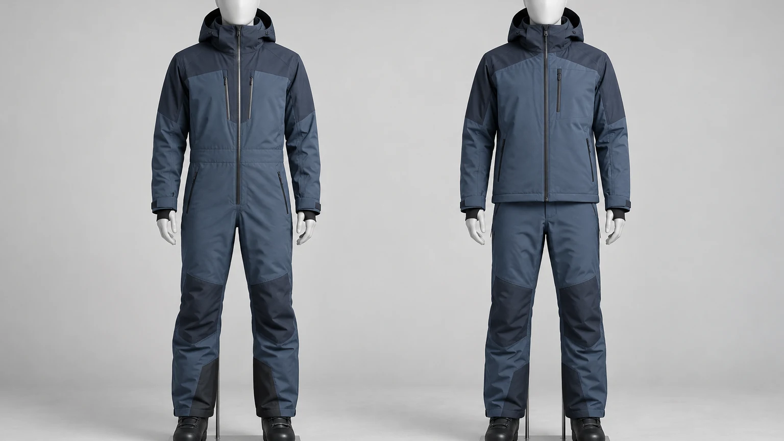 Text-free side-by-side comparison of a generic men's one-piece ski suit and a separate ski jacket-and-pants set