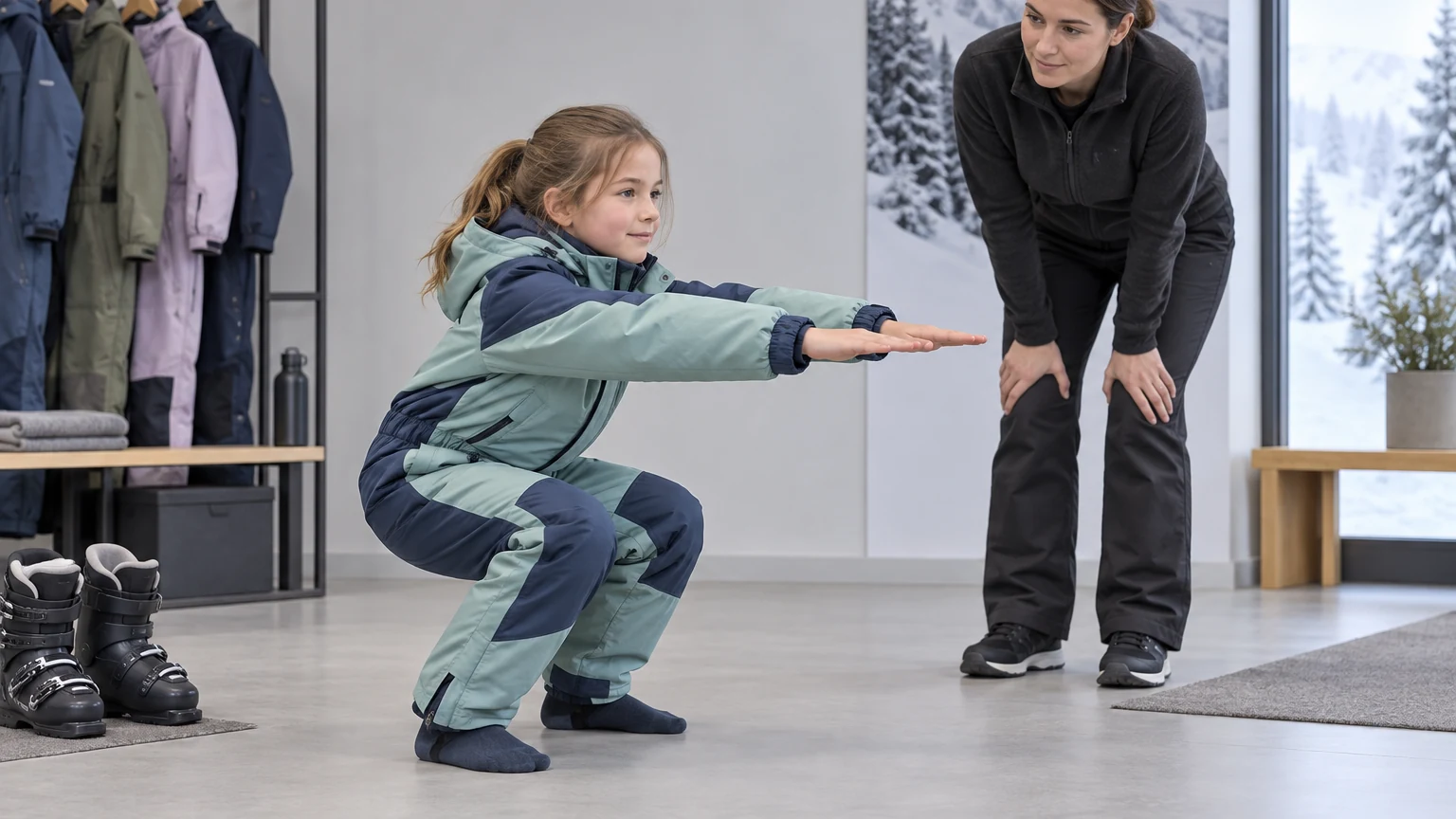 Text-free child fit-and-mobility inspection showing supervised reach and squat checks with sleeve and leg coverage visible