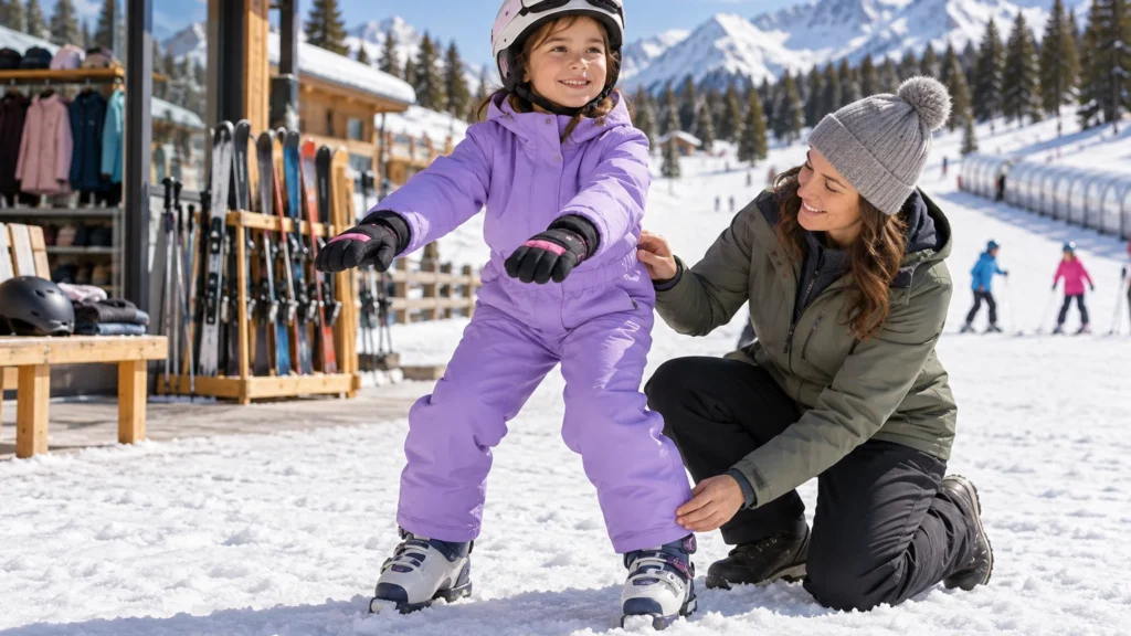 Child wearing a streamlined one-piece ski suit in a snowy resort setting with room to move