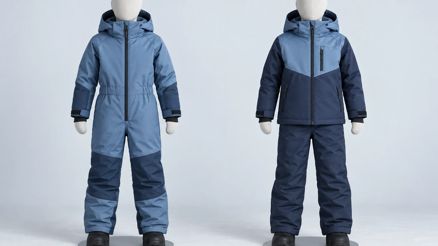 Text-free comparison of a children’s one-piece ski suit and separate ski jacket and pants displayed on garment forms