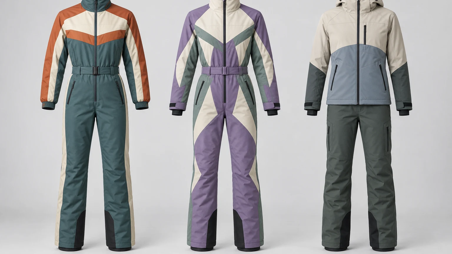 Text-free side-by-side comparison of a generic vintage ski garment, a modern retro-inspired one-piece ski suit, and a contemporary two-piece ski outfit without logos