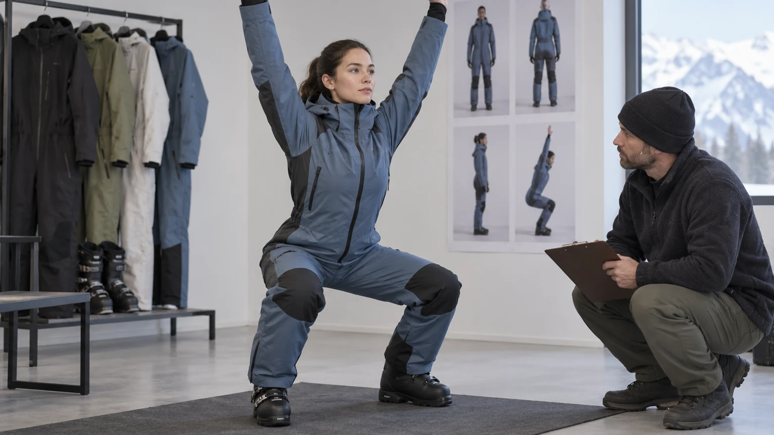 Apparel technician observing reach and squat mobility in a one-piece skiing suit
